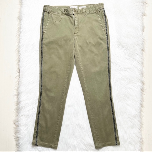 Anthropologie Moss Green Embroidered Side Stripe Straight Leg Ankle Chino Pants - Picture 2 of 12